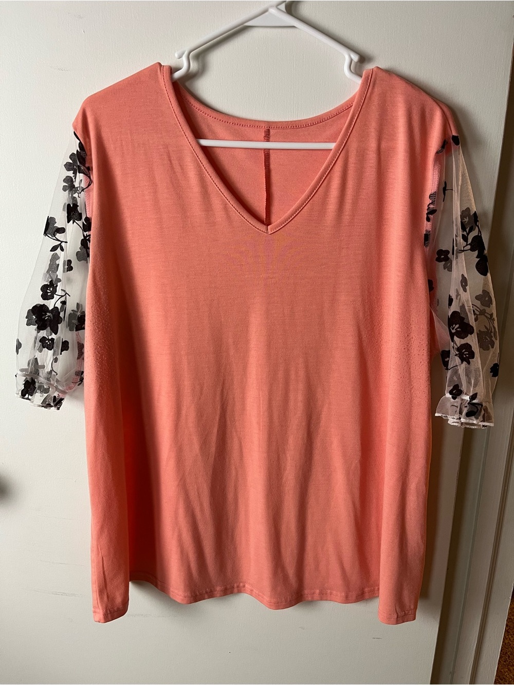 Coral V-Neck Short Sleeve Tee with Black Floral Sheer Sleeves
